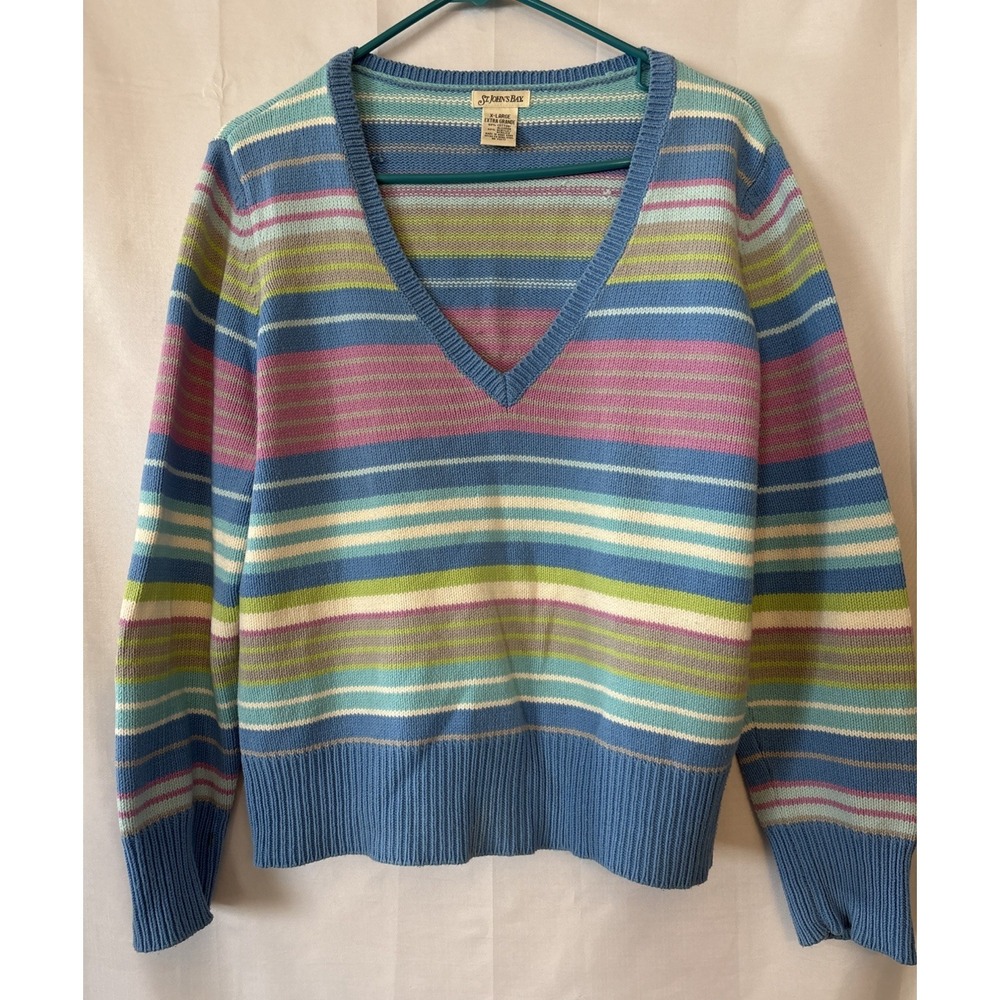 Vintage St John's Bay Sweater Women's XL Y2K Cotton Multicolor Striped‎ V Neck